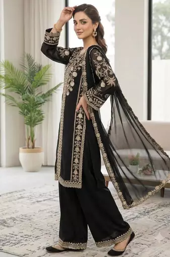 Black silk blend embroidered palazzo set