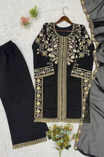 Black silk blend embroidered palazzo set