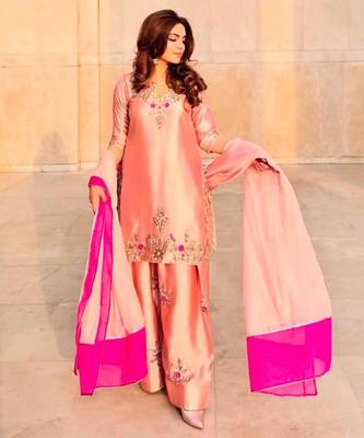 Peach silk blend embroidered farshi salwar set 1
