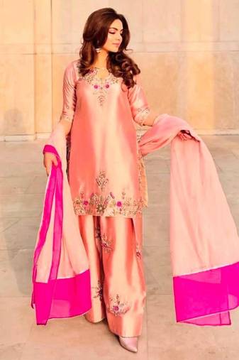 Peach silk blend embroidered farshi salwar set