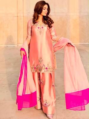 Peach silk blend embroidered farshi salwar set 2