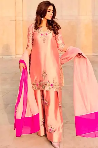 Peach silk blend embroidered farshi salwar set