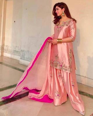 Peach silk blend embroidered farshi salwar set 3