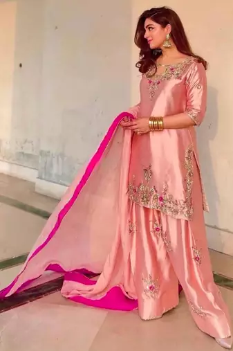 Peach silk blend embroidered farshi salwar set