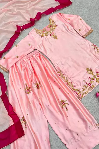 Peach silk blend embroidered farshi salwar set
