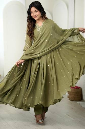 Olive faux georgette embroidered flared gown set