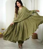 Olive faux georgette embroidered flared gown set