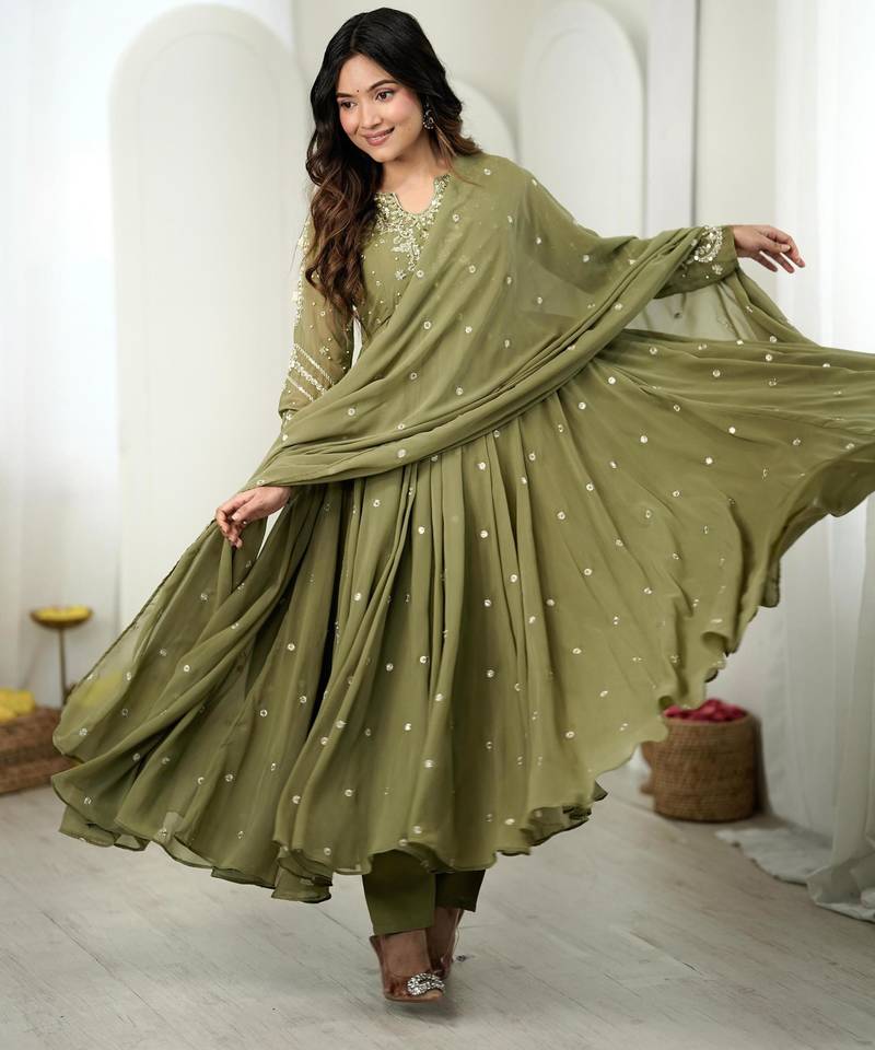 Olive faux georgette embroidered flared gown set
