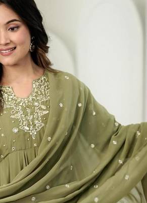 Olive faux georgette embroidered flared gown set 2