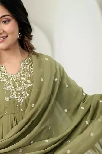 Olive faux georgette embroidered flared gown set