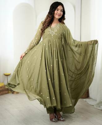Olive faux georgette embroidered flared gown set 3