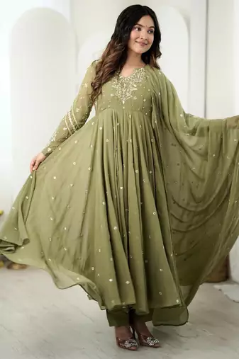 Olive faux georgette embroidered flared gown set