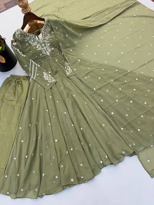 Olive faux georgette embroidered flared gown set 4