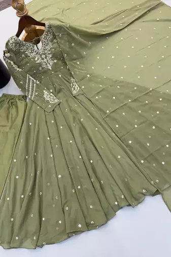 Olive faux georgette embroidered flared gown set