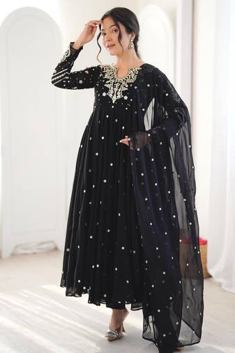 Black faux georgette embroidered flared gown set