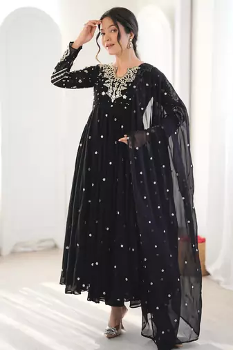 Black faux georgette embroidered flared gown set