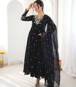 Black faux georgette embroidered flared gown set