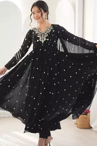 Black faux georgette embroidered flared gown set
