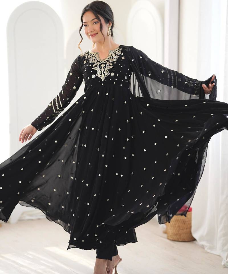 Black faux georgette embroidered flared gown set