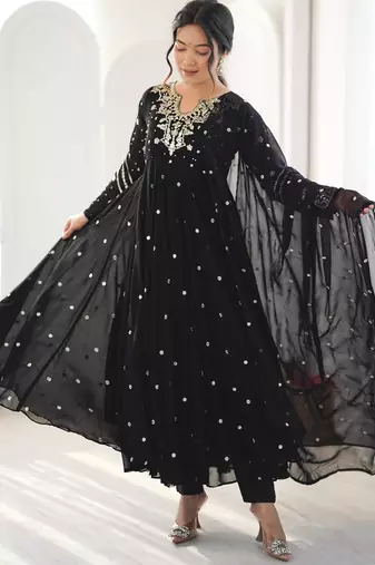 Black faux georgette embroidered flared gown set