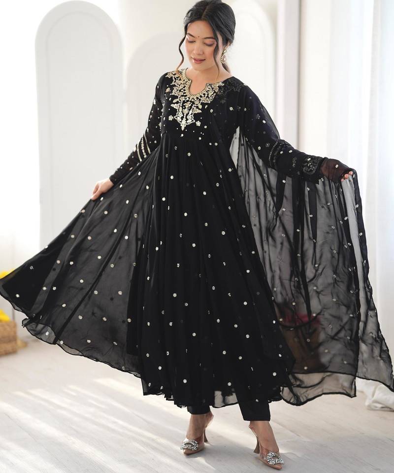 Black faux georgette embroidered flared gown set