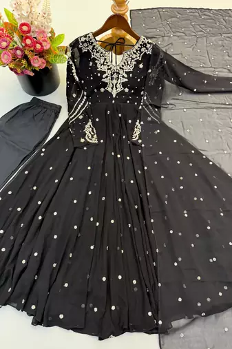 Black faux georgette embroidered flared gown set