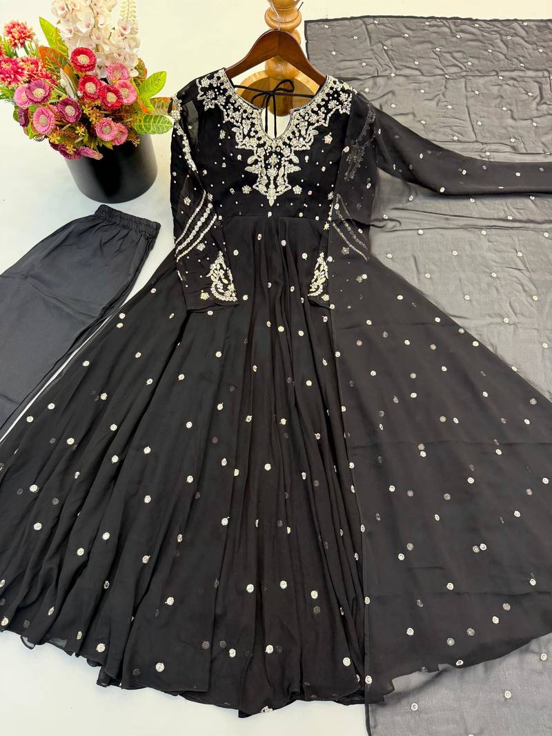 Black faux georgette embroidered flared gown set