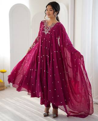 Rani-pink faux georgette embroidered flared gown set 1