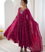 Rani-pink faux georgette embroidered flared gown set