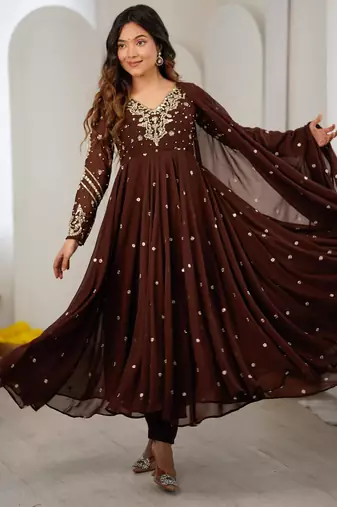 Dark-brown faux georgette embroidered flared gown set