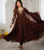 Dark-brown faux georgette embroidered flared gown set