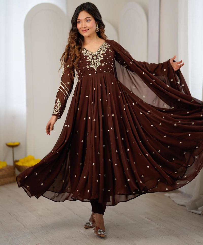 Dark-brown faux georgette embroidered flared gown set