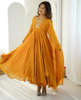 Dark-yellow faux georgette embroidered flared gown set 1