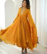 Dark-yellow faux georgette embroidered flared gown set