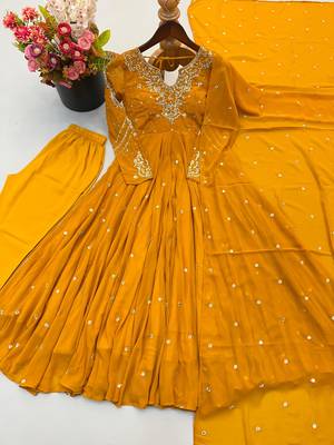 Dark-yellow faux georgette embroidered flared gown set 2