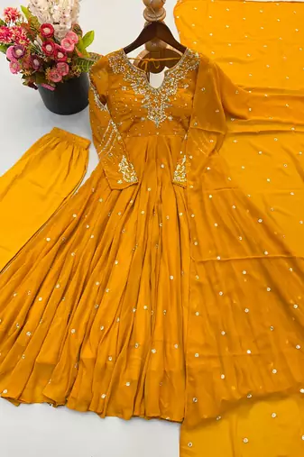Dark-yellow faux georgette embroidered flared gown set