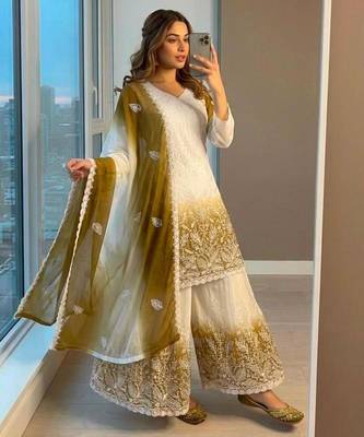 White faux georgette embroidered palazzo set 1