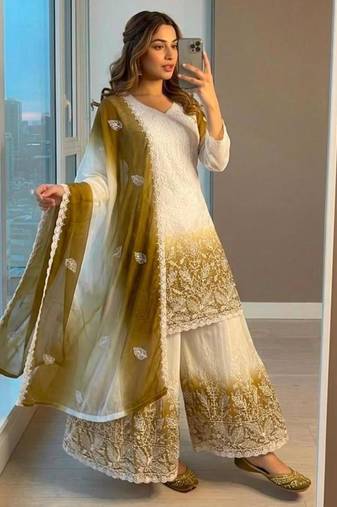 White faux georgette embroidered palazzo set