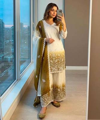 White faux georgette embroidered palazzo set 3