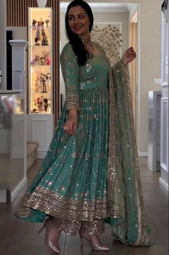 Blue silk blend embroidered flared gown set