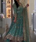 Blue silk blend embroidered flared gown set