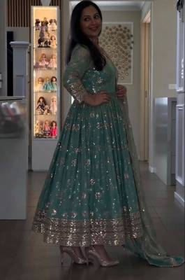 Blue silk blend embroidered flared gown set 2