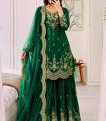 Dark-green satin embroidered sharara set
