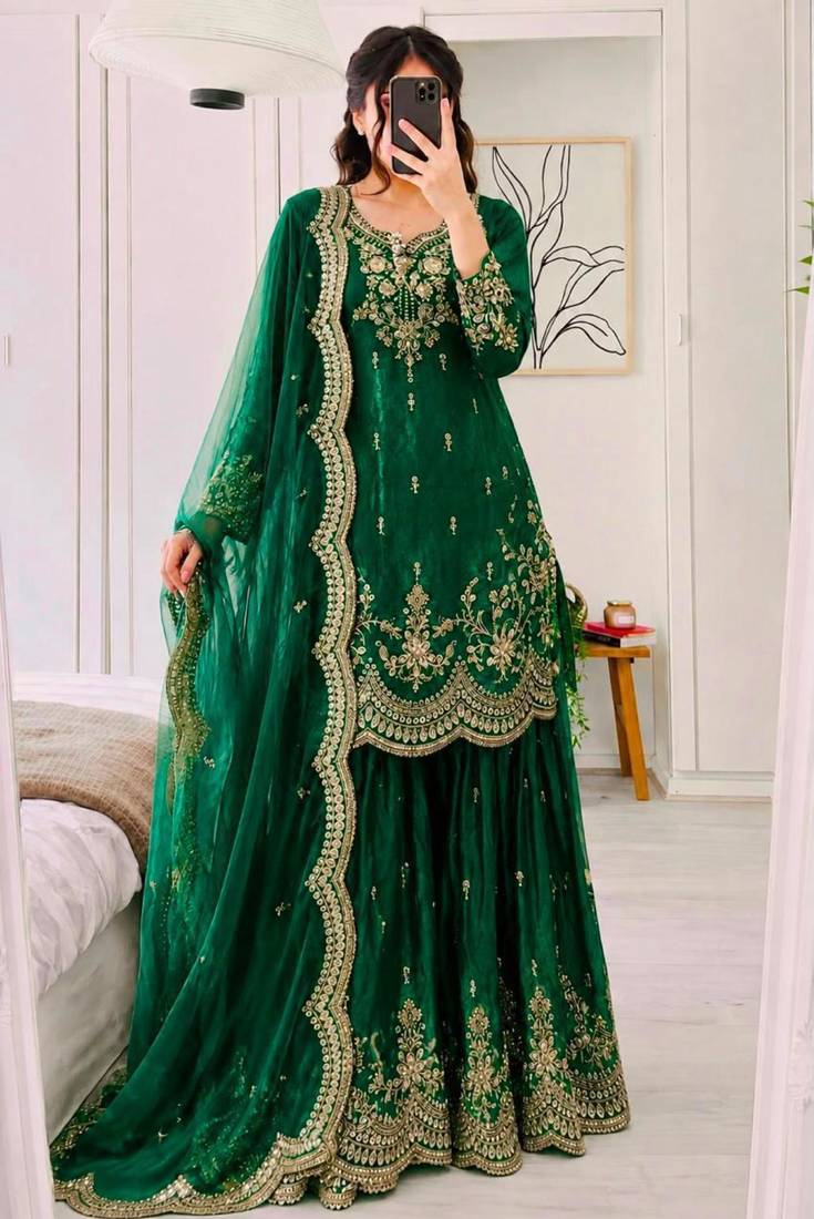 Dark-green satin embroidered sharara set