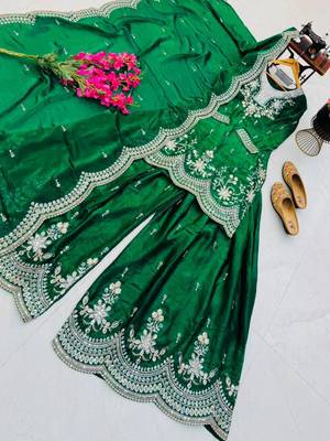 Dark-green satin embroidered sharara set 2