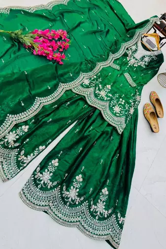 Dark-green satin embroidered sharara set
