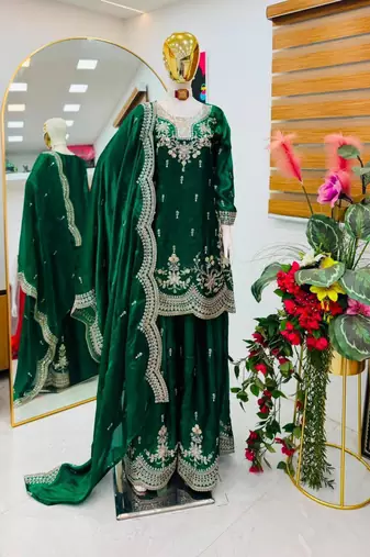 Dark-green satin embroidered sharara set