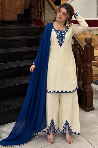 Cream silk blend embroidered palazzo set