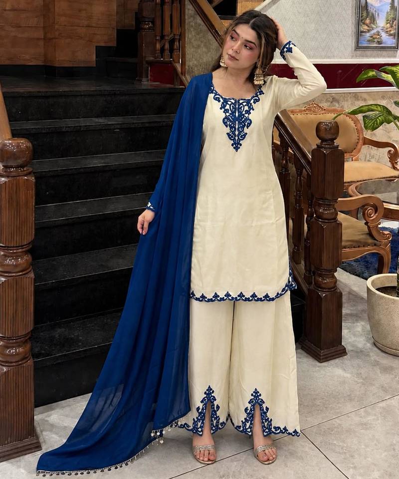 Cream silk blend embroidered palazzo set