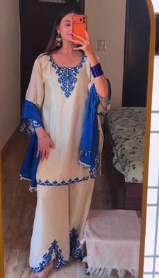 Cream silk blend embroidered palazzo set 2